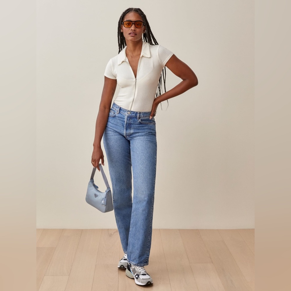 Reformation Zak Cream Ribbed Zip Polo Top Zach small